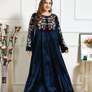 Velvet embroidered abaya dress blue 0XL